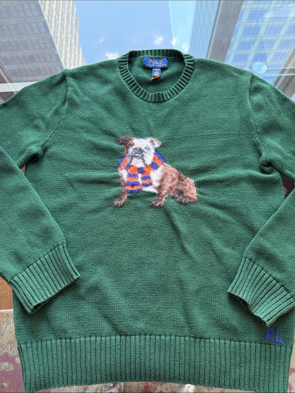 Polo Ralph Lauren English Bulldog Intarsia Knit Green Cotton Boy’s Sweater. XL. - Picture 3 of 6